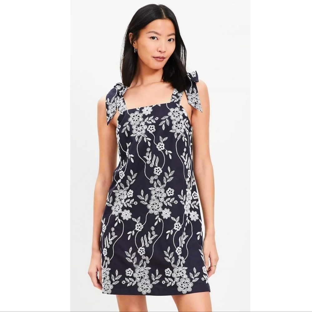 Loft Navy Blue Floral Embroidery Eyelet Tie Strap Bow Mini Shift Dress Size 14